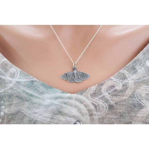 Sterling Silver Dimensional Moth Charm Necklace - Picture 1 of 4